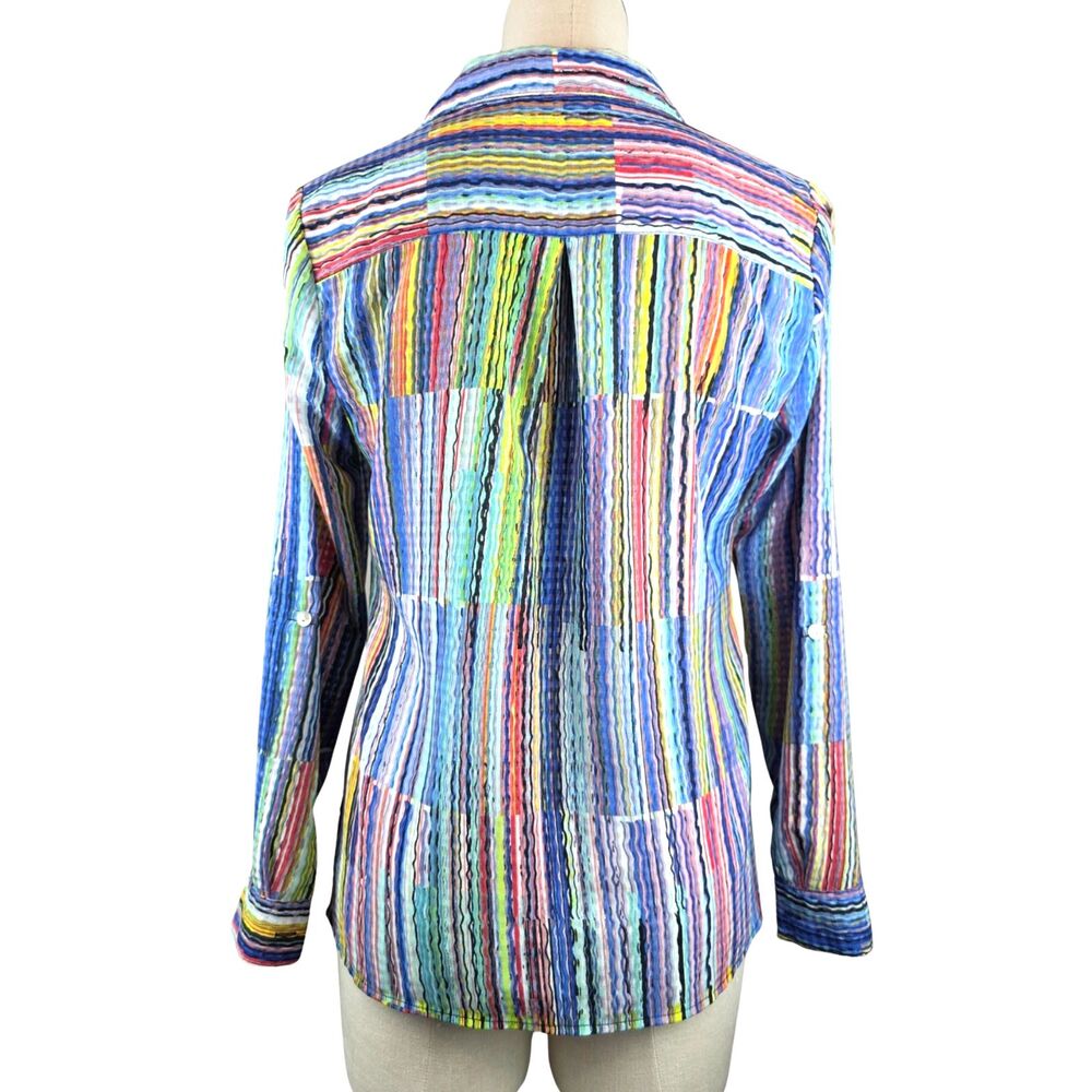 Studio Works Shirt Blouse Top Boho Patchwork Stripe Festival Hippie Casual Sz S - Picture 2 of 6